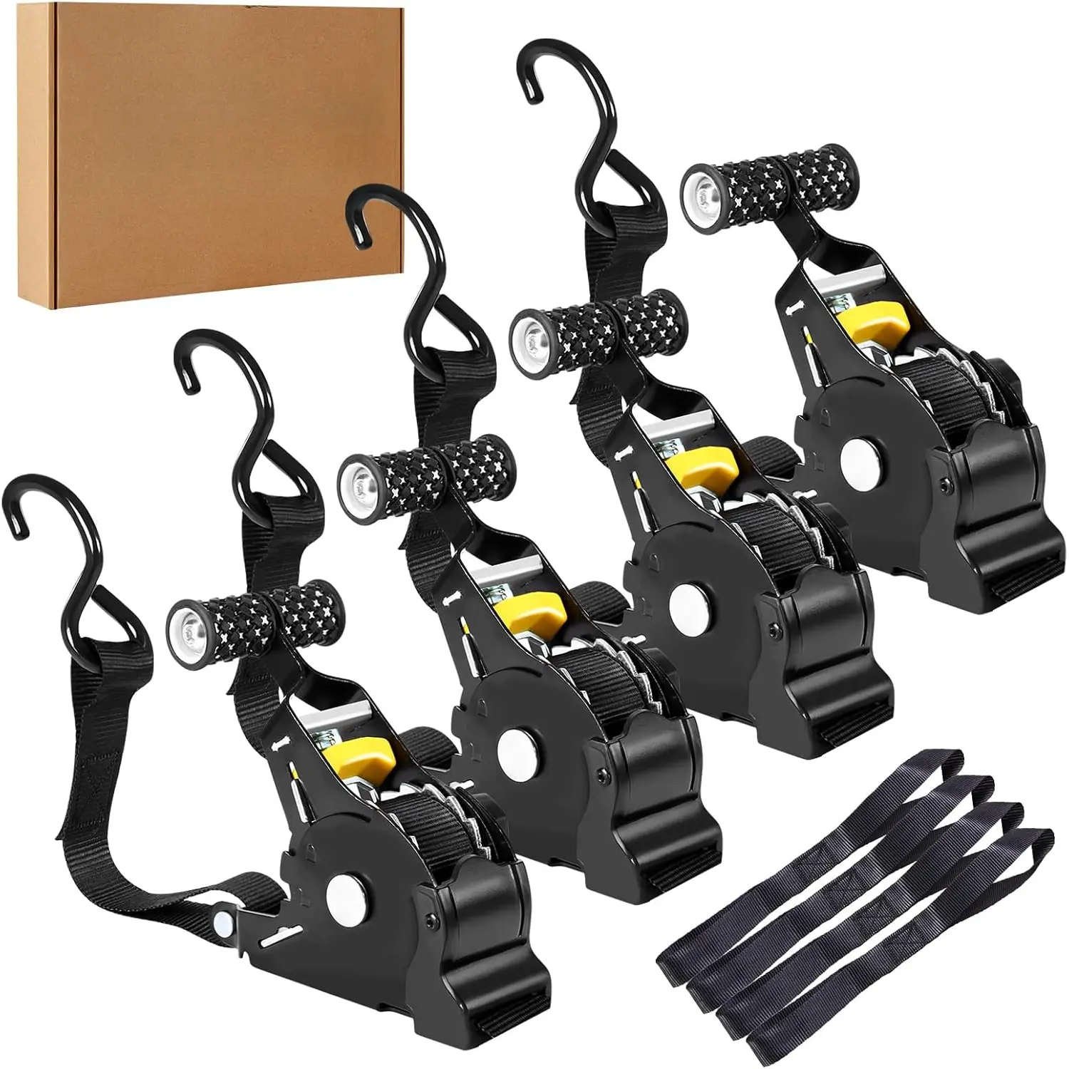 4-Pack Retractable Ratchet Straps - 1"x10' Heavy Duty Self-Retractable Tie-Downs with Soft Loops, 1500lbs Capacity for Trailer, Kayak, Ladder, Lawn Equipment, Tree Stand, Roof Rack, Storage Bag