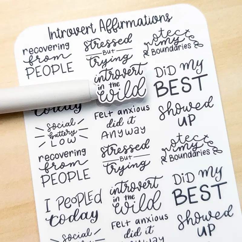 Introvert Affirmations Stickers – Hand Lettered Mental Health Quotes for Planner, Hobonichi, Bullet Journal, Anxiety Relief, Self-Care Script