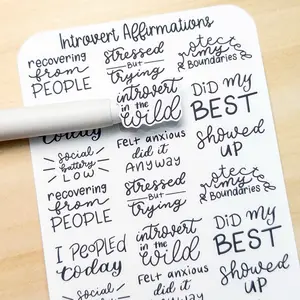 Introvert Affirmations Stickers – Hand Lettered Mental Health Quotes for Planner, Hobonichi, Bullet Journal, Anxiety Relief, Self-Care Script
