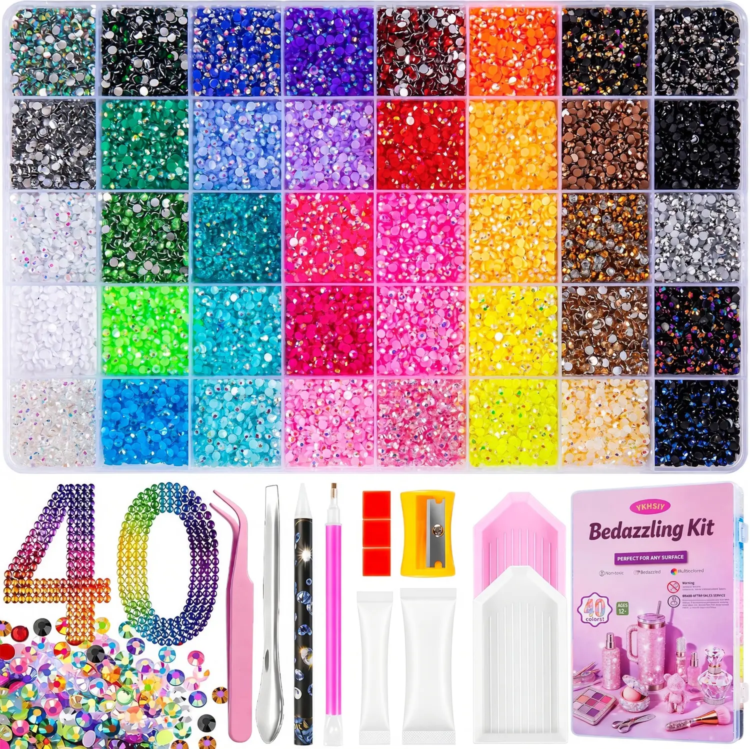 Rhinestone Kit for DIY Crafts, 40 Grid Organizer with 40,000 3mm Resin Rhinestones, Wax Pen, Tweezers & Craft Tools