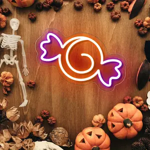 Halloween Candy Neon Sign Light - USB-Powered Wall-Mounted Decorative Light with Vibrant Purple & Orange Swirl Design, Clear Acrylic Art for Bedroom, Wedding, Party, and Holiday Decor, Halloween Decorations, Party Ambiance, Playful Design