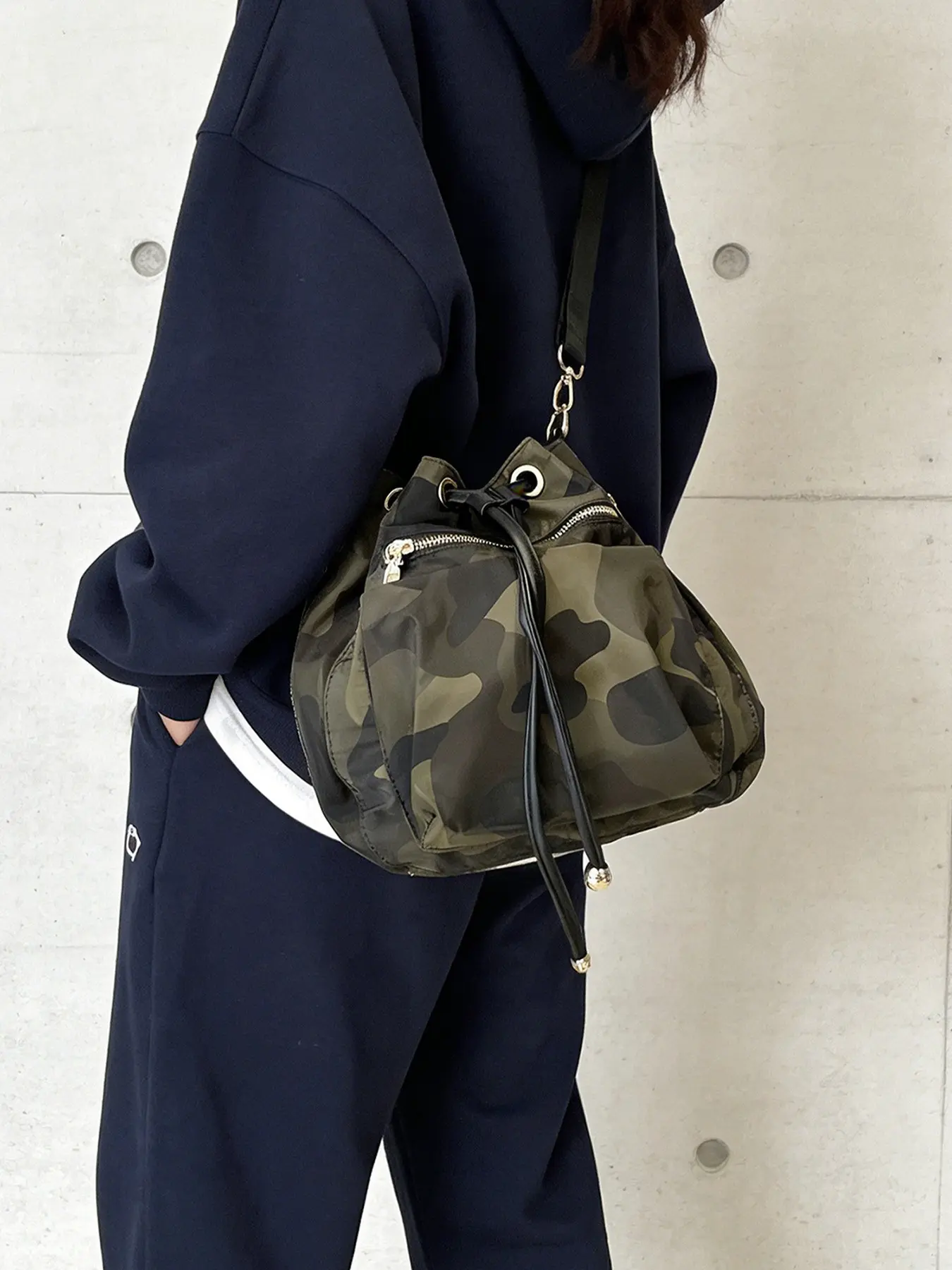 Camouflage Drawstring Crossbody Bag, Durable Nylon Bucket Bag, Multiway Shoulder Backpack for Women strawberry festival backpack indamcan ploshie