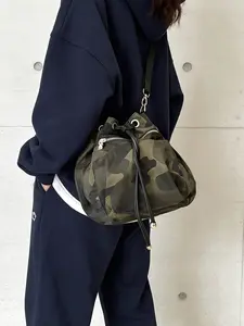 Camouflage Drawstring Crossbody Bag, Durable Nylon Bucket Bag, Multiway Shoulder Backpack for Women strawberry festival backpack indamcan ploshie