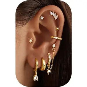 YADOCA 8Pairs Gold Plated Hoop Stud Earring Stacks for Women Trendy Hypoallergenic Chain Cartilage Earrings Cute Silver Huggie Earrings Sets for Multiple Piercing Jewelry Lightweight