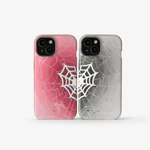 🔥 Spooky Cute Spiderweb Couple Tough IP Phone Case | Pink E-Girl & Grunge Gray Aesthetic Cover | Glossy Web Art for IP Phone 17 16 15 14 13 12 11 X Series