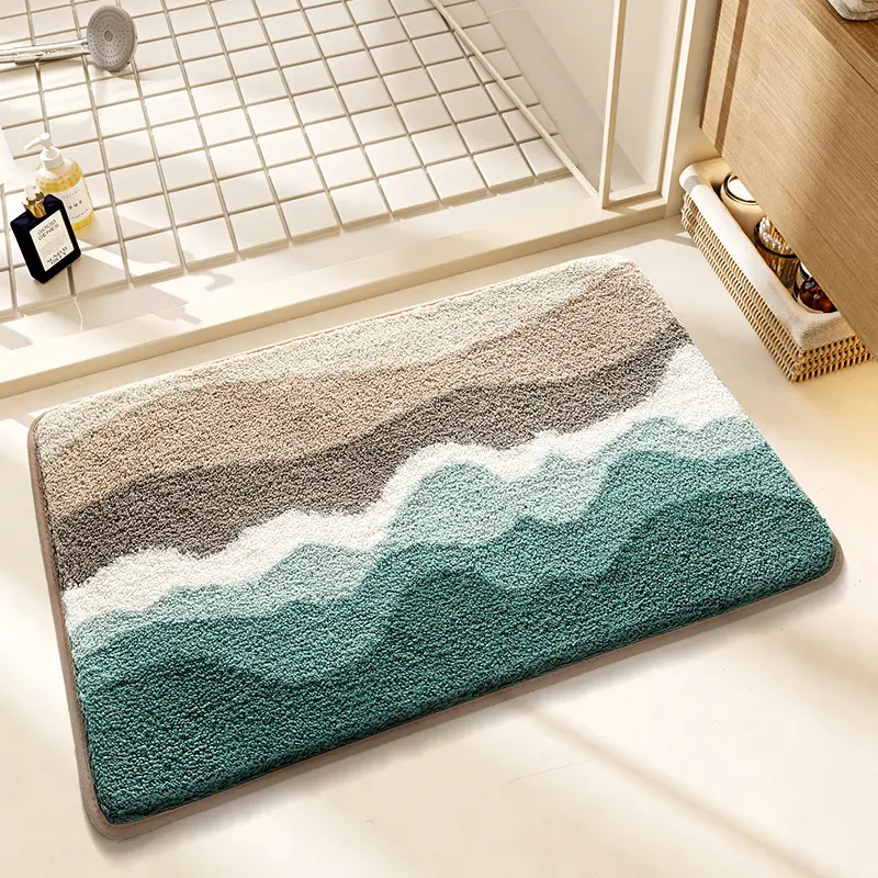 Faux Cashmere Ocean Wave Bath Mat, Absorbent Non-Slip Quick-Drying Floor Rug for Bathroom, Bedroom Bedside