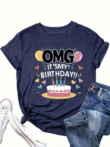 【Plus Size】 Cartoon Birthday Cake & Letter Print Round Neck Tee, Casual Short Sleeve T-shirt for Summer, Women's Clothing for Daily Wear