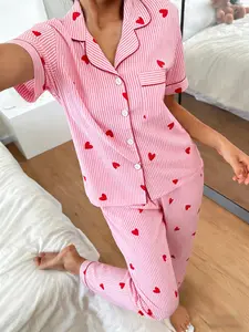 Women's Short Sleeve Long Pants Pajama Set, Striped Heart Full Print, Soft Breathable Casual Home Wear Loungewear Nightwear Pjs, Womenswear