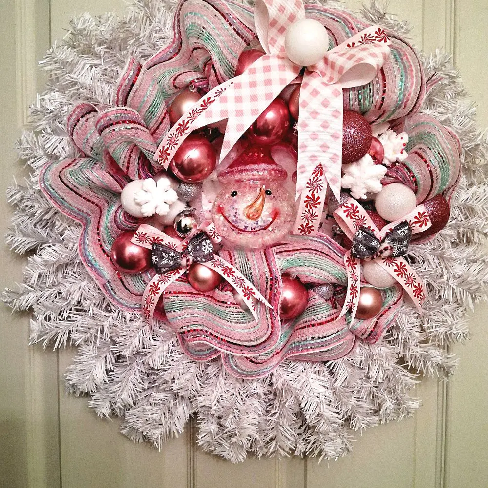 Pink & White Snowy Holiday Wreath with Festive Ornaments Plaid Bow & Glass Snowman for Wall Door Christmas Decor