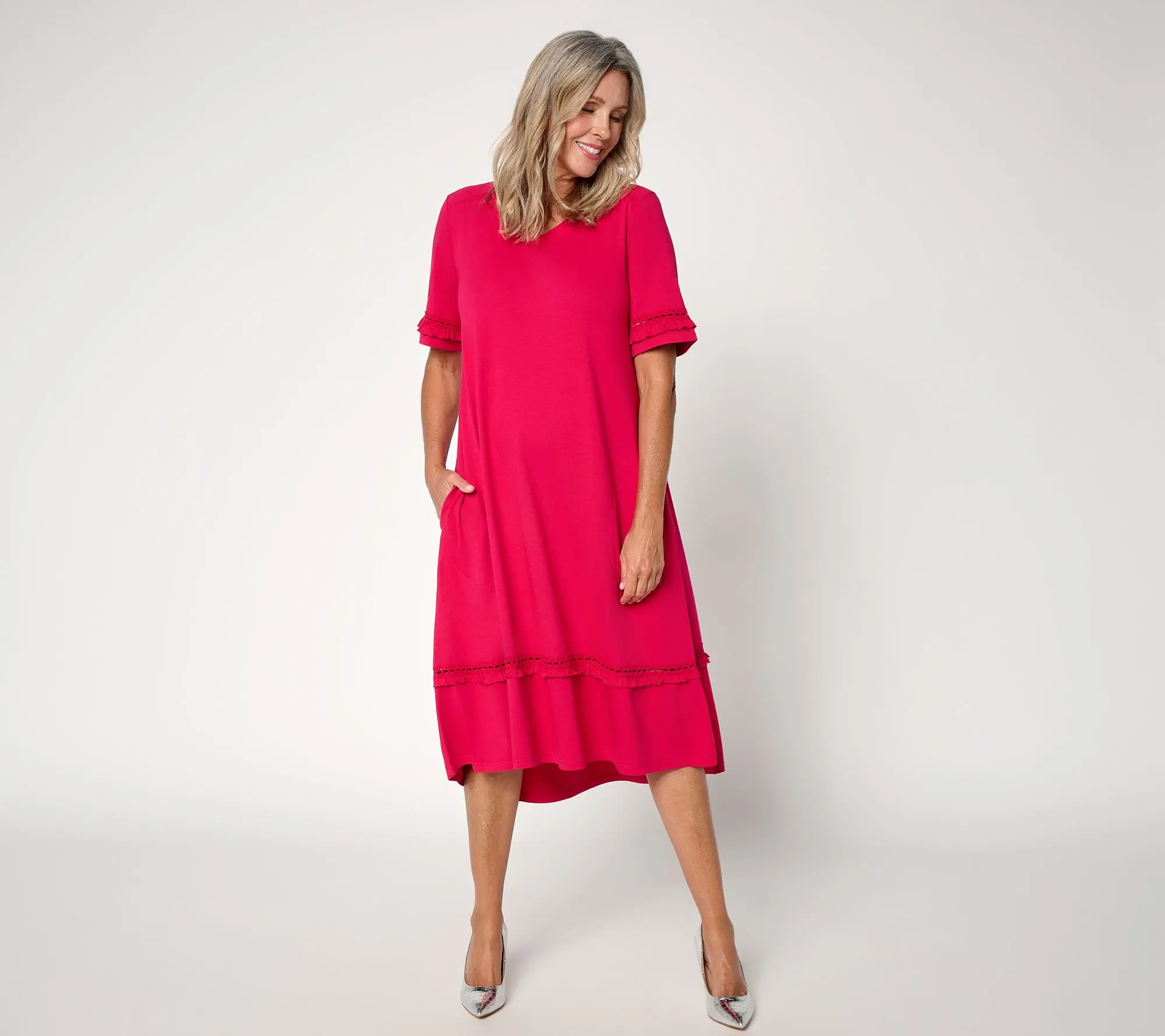 LOGO by Lori Goldstein Petite Lace and Ruffle Hem Midi Dress