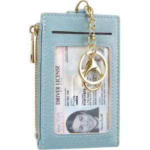 Women & Men Leather RFID Blocking Card Holder Slim Small Zipper Keychain Front Pocket Wallet with 2 ID Window,