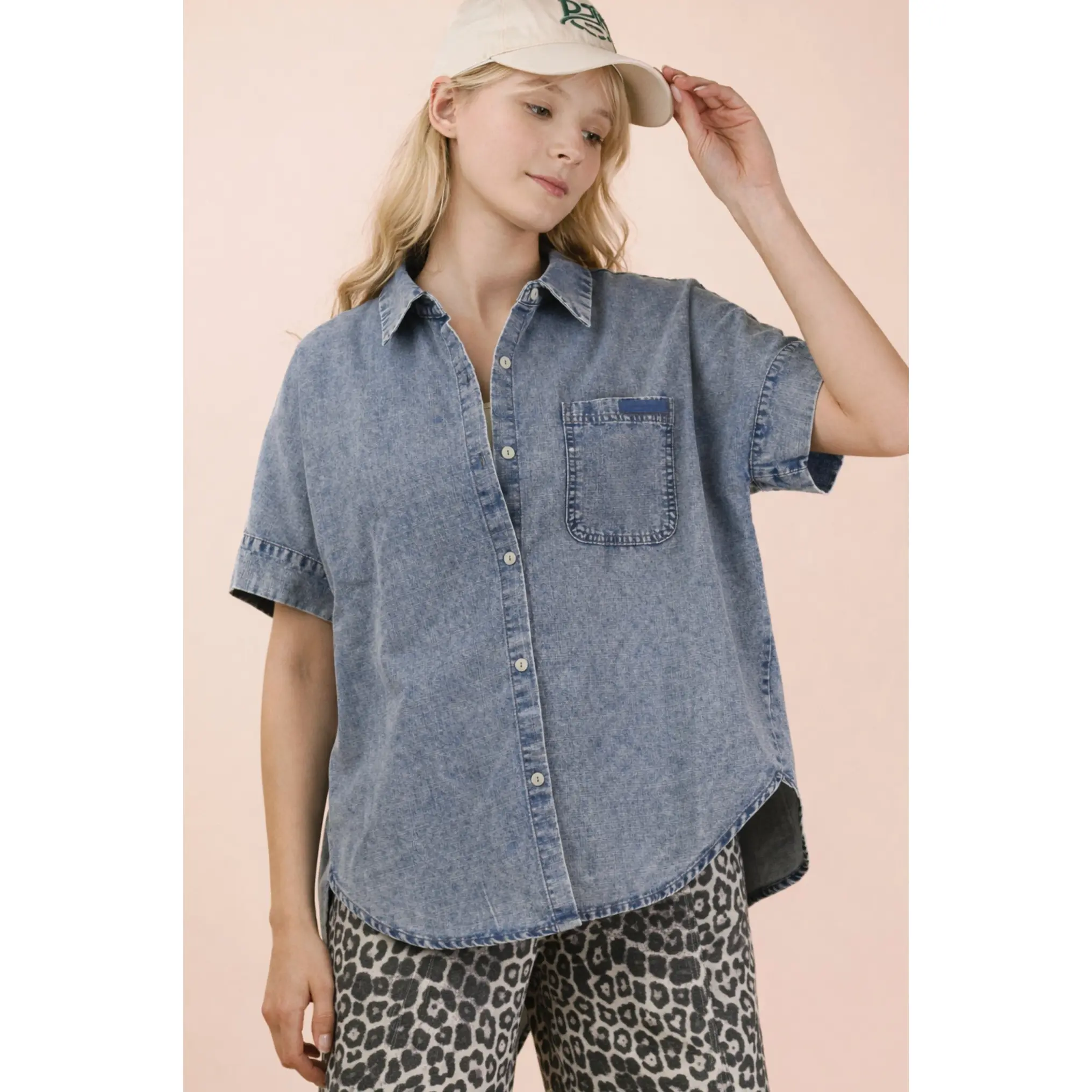 Mineral Washed Chambray Oversized Shirt Top