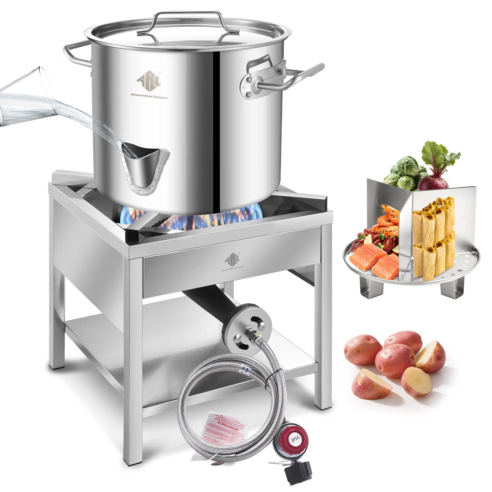 Large Stainless Steel Steamer Pot and Propane Burner Set, Portable Outdoor Cooking Supplies with Detachable Divider, Steamer Rack & Water Spout, Easy to Clean for Camping, Camping Accessories, Detachable Parts, Portable Burner