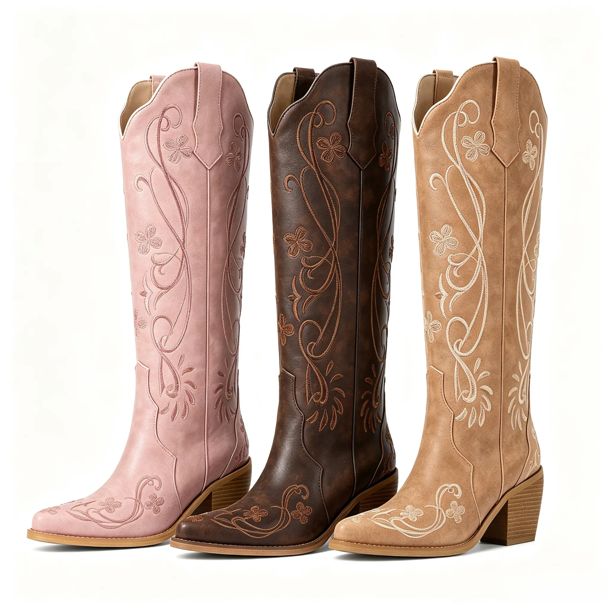 Women's Western Cowboy Boots - Knee-High, Floral Embroidered Almond Heads, Chunky Heel, Pull-On, Retro Country Girl Aesthetic, Urban Cowboy, Western Elegance, All Seasons Fashion Boots
