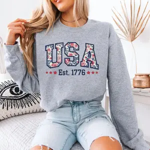 USA Floral Sweatshirt - 4th of July Sweatshirt, Varsity Style Patriotic USA Crewneck, Cozy Gift for Independence Day, Memorial Day Shirt, 4th of july outfits for women