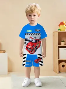 Cartoon Racing Theme T-Shirt + Shorts Set, Boy's Blue Base Speedy Summer, Casual Asymmetrical Design, Fitted H-Type Silhouette