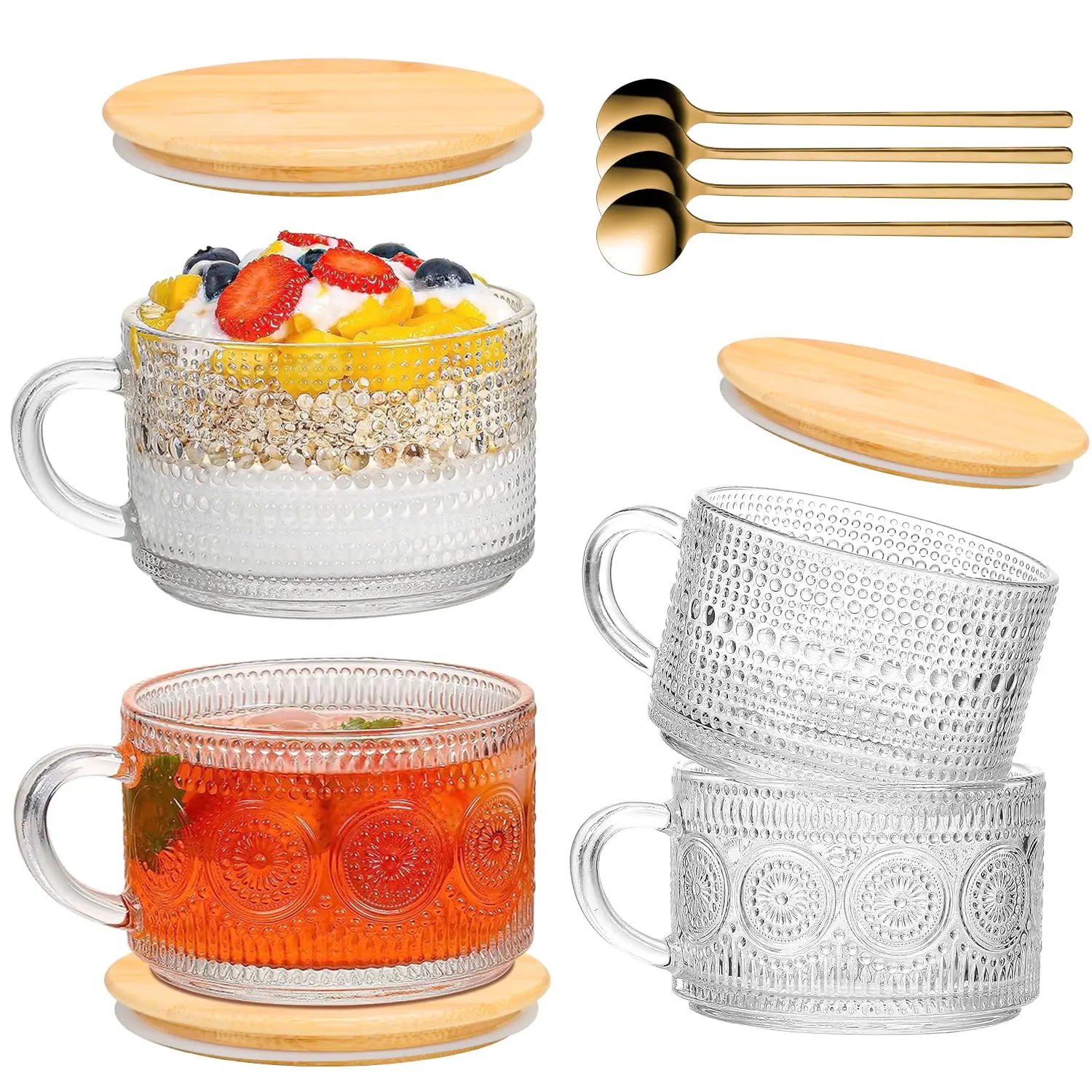 Vintage Coffee Mugs: 4 pack Clear Embossed Glass Cups, 14oz Overnight Oats Containers with Bamboo Lids and Spoons, Cute Coffee Bar Accessories, Iced Coffee Glasses