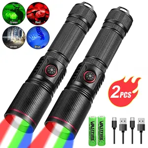 VASTFIRE 4 in 1 LED Hunting Flashlight 1000LM Rechargeable with White Blue Green Red Light Strobe 10W Zoomable Handheld for Hunting Night Fishing Camping Outdoor Search 2PCS