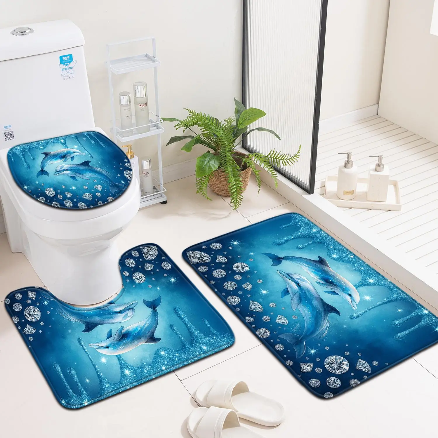 3pcss Bathroom 3pcs Mat Set, Home Decor Entrance Door Mat, Toilet Lid Mat Toilet Accessory Set, Blue Stream Diamond Dolphin, Household Bathroom Non-Slip Absorbent Carpet Cover Flannel