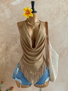 Women's Vintage Sexy Wasteland Style Cowl Neck Halter Top Fit, Ruffled Irregular Hem with Fringe, Trendy Summer Vest