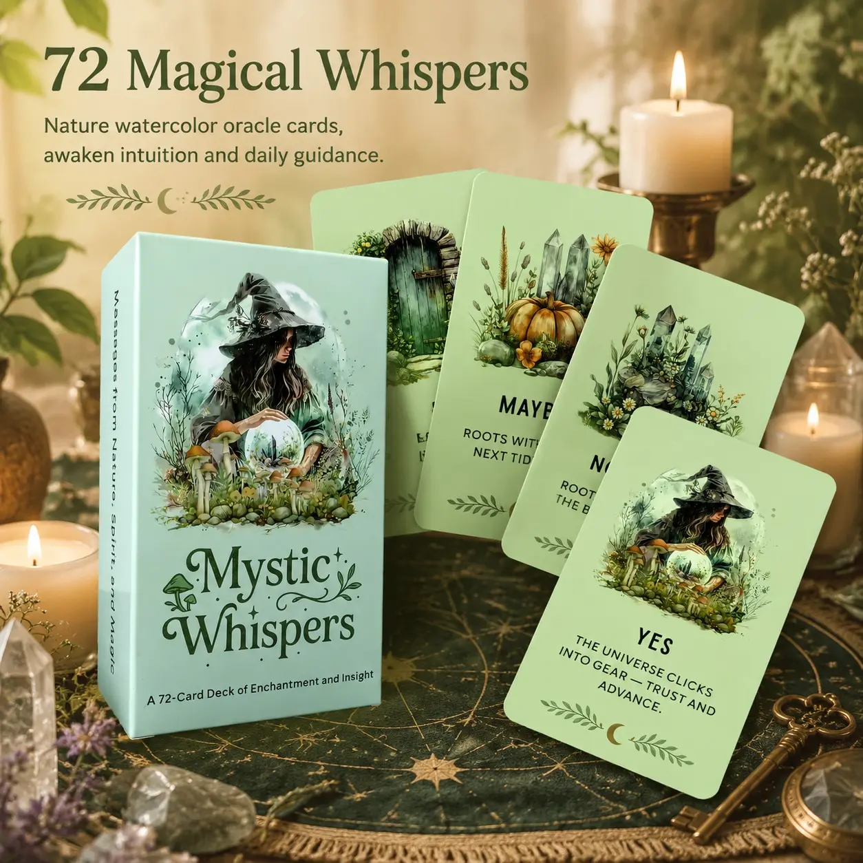 English Mystical Whisper Oracle Cards, 72 Tarot Cards, Natural Magic Divination, Mystery, Nature, Guidance, Hand-Painted Watercolor Illustrations, Intuitive Meditation Gift, Art