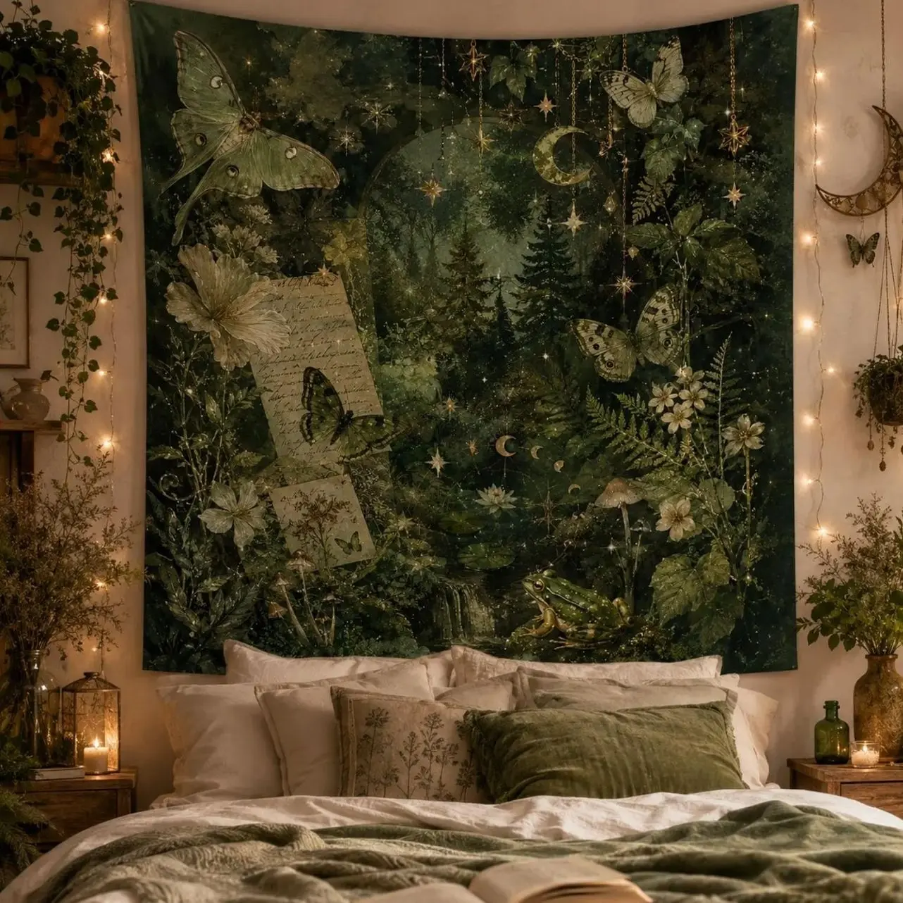Forest Moth Tapestry, Fairycore Wall Hanging, Dark Green Botanical Wall Decor