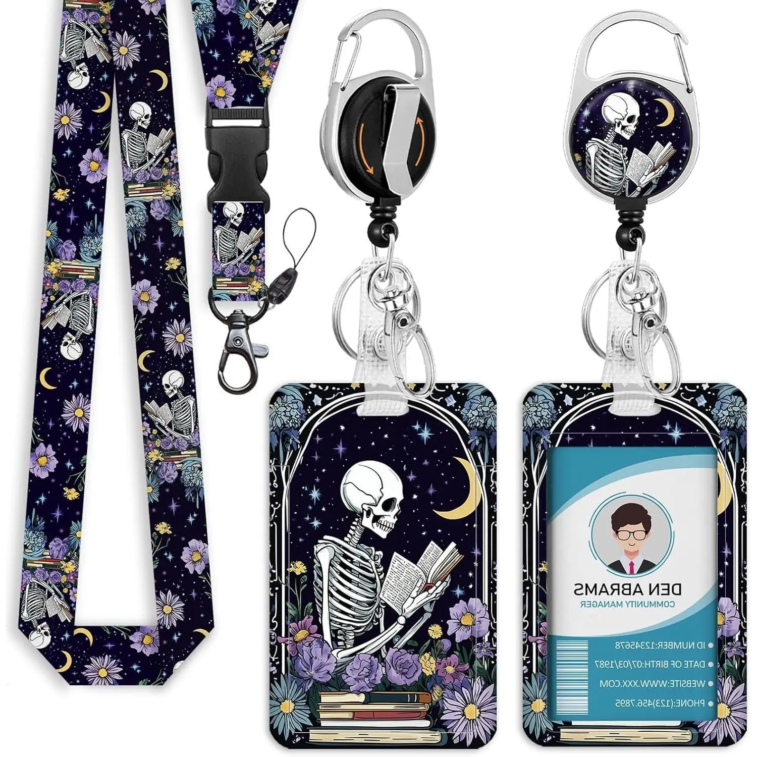 BY-346  Lanyards for Id Badges, Funny Badge Holder with Retractable Badge Reel Clip keychain, Skull Skeleton Reading Book Card Name Tag Lanyard Vertical ID Card Protector for Women Nurse Doctor Teacher Student