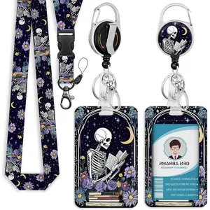 BY-346  Lanyards for Id Badges, Funny Badge Holder with Retractable Badge Reel Clip keychain, Skull Skeleton Reading Book Card Name Tag Lanyard Vertical ID Card Protector for Women Nurse Doctor Teacher Student