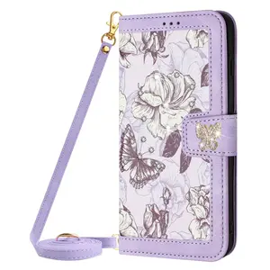 For Samsung A33 A34 A35 A36 A52 A52S A53 A54 A55 A56 A72 A73 5G Diamond Butterfly Fashion Leather Sleeve PU Leather Handbag Flip Cover, Kickstand Folio  With Long Lanyard beautiful phone case