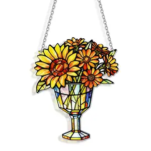 Stained Glass Sunflower Vase Suncatcher - 8x6 Inch Window Hanging Decor, Handcrafted Colorful Glass Art, Perfect for Kitchen, Bedroom, Patio, Unique Gift for Mom, Women, Flower Lovers