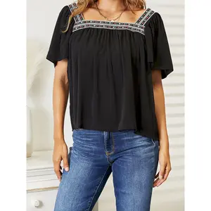 Women's Casual Blouse Boho Embroidered Contrast Square Neck Puff Sleeve Top Black Chiffon Short Sleeves Pullover Loose Fit Square Neck Hip-Length Solid Color with Embroidery Spring/Summer Lightweight Casual Outings