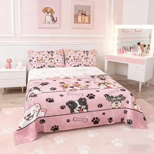 Cute Dog Bed Sheet Set for Kids,Cartoon Puppy Pet Animals Sheets Set,Black Paw Bone Print Pink Home Decor Sheet Set,with Deep Pocket,Top Flat Sheet