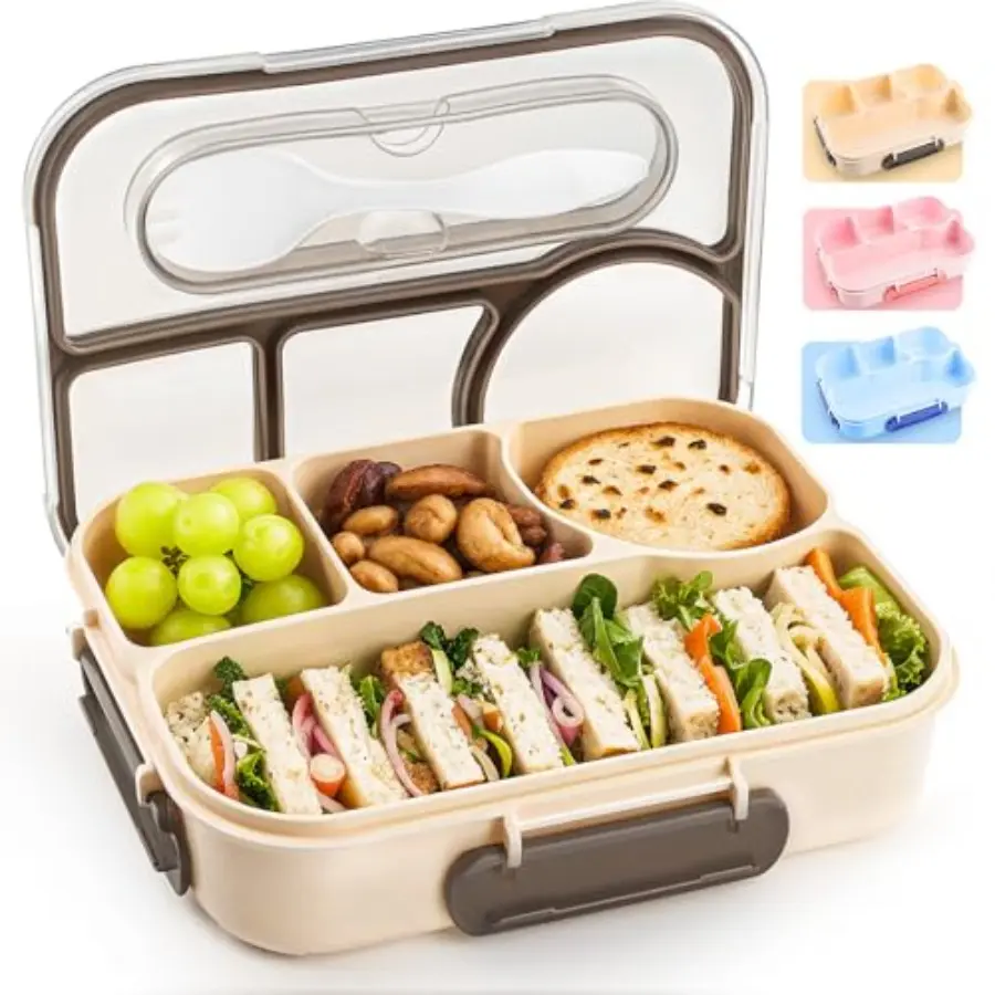 Unisex Khaki Rectangular Bento Lunch Box - 4-Compartment Solid Plastic Food Container, Drop-Proof, Leakproof, BPA-Free, Dishwasher Safe for Work, School Meal Prep