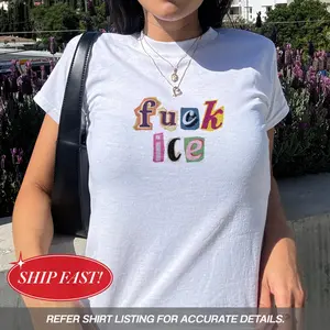 Anti Ice Magazine Letter Baby Tee, Fuck ICE Y2K Crop Top, Protect Immigrants Tee, No Human Is Illegal Top, Activist Graphic Baby Tee, FDT