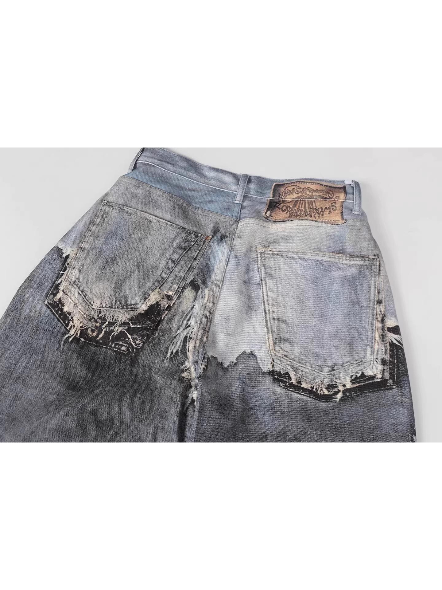 American Distressed 3D Digital Print Fake Two-Piece Jeans - Baggy Streetwear Loose Wide-Leg Pants