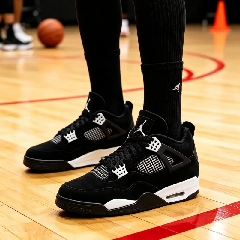 Mid top basketball shoes black matte upper white fastener details breathable grid panel air cushioned midsole classic cut unisex trend basketball sneakers must have wide feet friendly trendy match