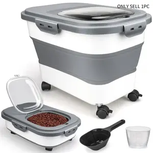 Foldable Cat Dog Food Storage Box, 15 Lbs Capacity, Auto-Seal Lid, Measuring Cup, Multi-Purpose, Ideal for Dry Kibble and Grains