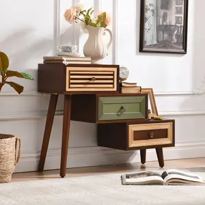 Vintage 3 Drawer Accent Cabinet, Asymmetrical Wooden Storage Chest with Mid-Century Legs, Retro Nightstand for Bedroom, Living Room & Entryway