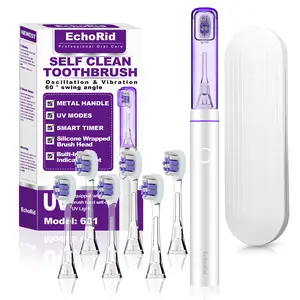 EchoRid Rechargeable Ultrasonic Toothbrush with Silicone Bristles, UV Self-Cleaning Sanitizer Light, Durable Metal Handle, 30-Day Battery Life, Smart Timer, 6 Brush Heads, Travel Case, Oral Cleansing, Silver&Purple Pore Sucker for Acne Treatment