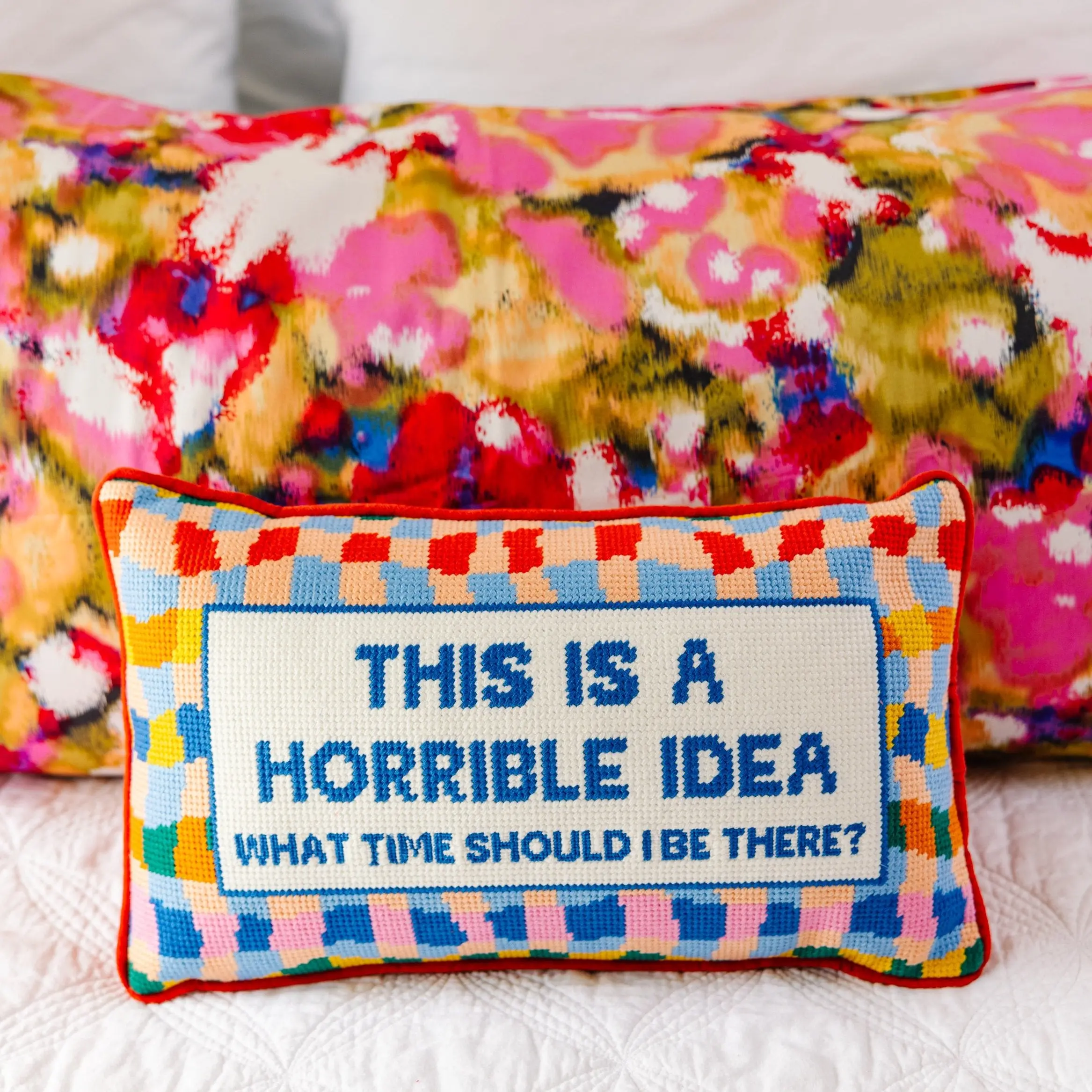 Velvet Needlepoint Pillow, 9"x15" Embroidery Design with Charming Sayings & Playful Prints, Home Decor for Whimsical, Quirky, Dopamine & Cozy Aesthetic Spaces