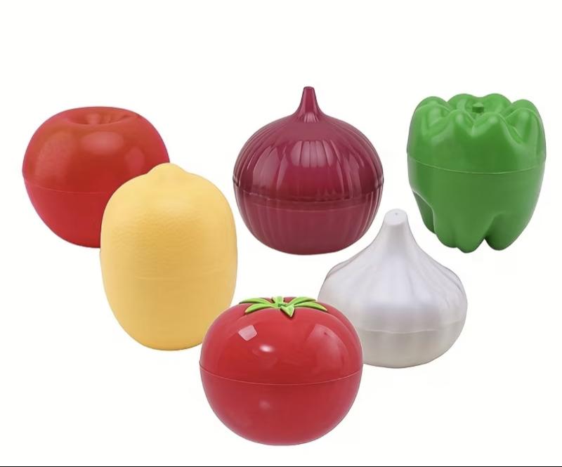 5 Transparent Storage Boxes Shaped Like Fruits And Vegetables - Durable Plastic Containers for Keeping Lemons, Bell Peppers, Tomatoes, Onions, And Garlic Fresh in The Fridge And Freezer - Space-Saving Kitchen Organizers with Easy-Access Lids