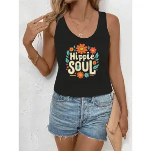 Women'S Boho Floral Print Sleeveless Tank Top - "Hippie Soul" Design with Colorful Flowers, Loose Fit for Beach or Casual Summer Outings, Vibrant Purple with White & Black Text, Perfect for Outdoor, Beach Tank Top