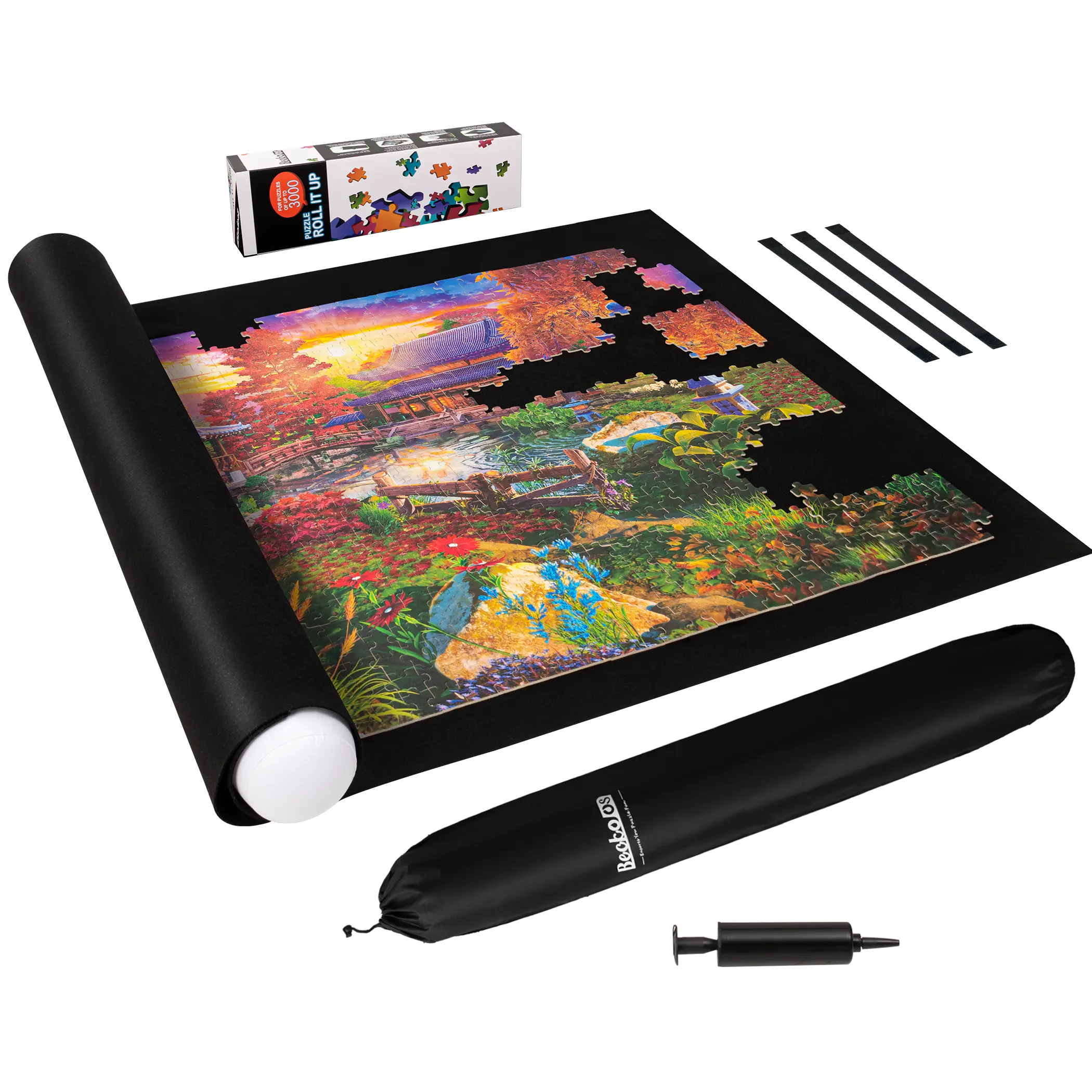 3000 Piece Puzzle Mat Roll Up with Drawstring Bag & Black Pump, Jigsaw Felt Mat with Anti-leak Tube & 3 Elastic Bands for Easy Storage