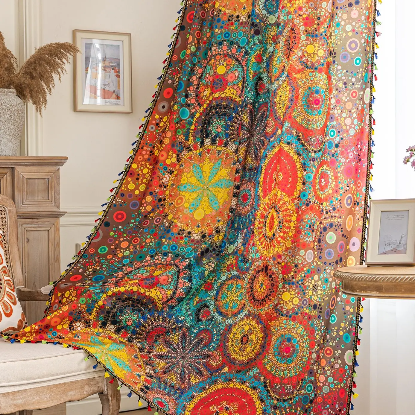 Erbnaryx Boho Curtains Geometric Light Filtering Semi-Blackout Window Curtains Rod Pocket Drapes for Living Room 2 Panel,Dot Colorful