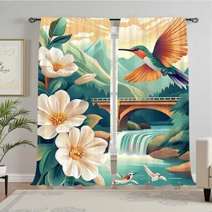 Floral & Bird Pattern Door Curtain, 2 Counts/set Colorful Digital Printing Anti-snagging Home Decoration Curtain, Soft and Delicate Curtain for Home Living Room Bedroom