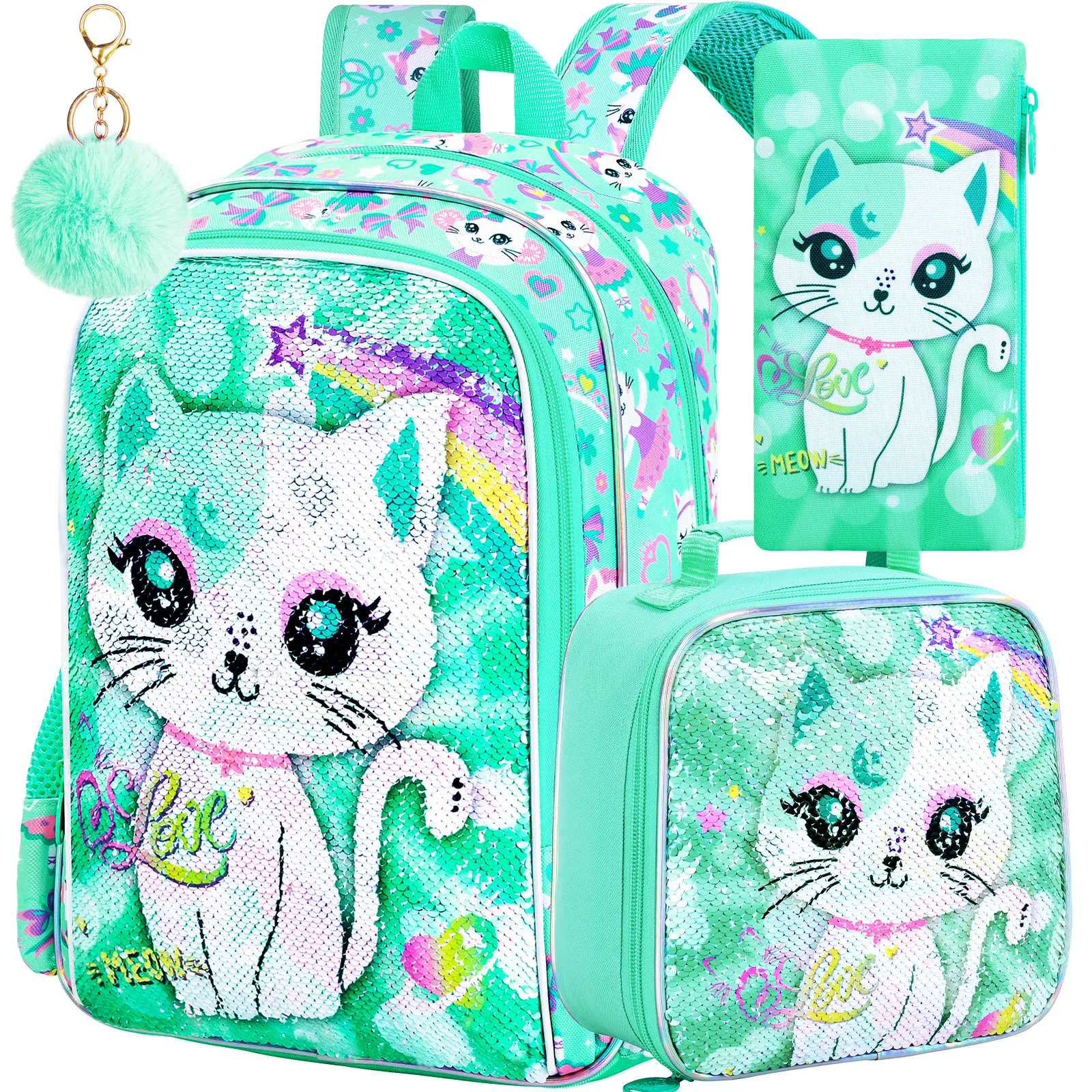 3PCS Girls Cat Backpack, 16" Kids Sequins Bookbag with Lunch Box, Water-Resistant School Bag for Elementary Preschool Toddlers