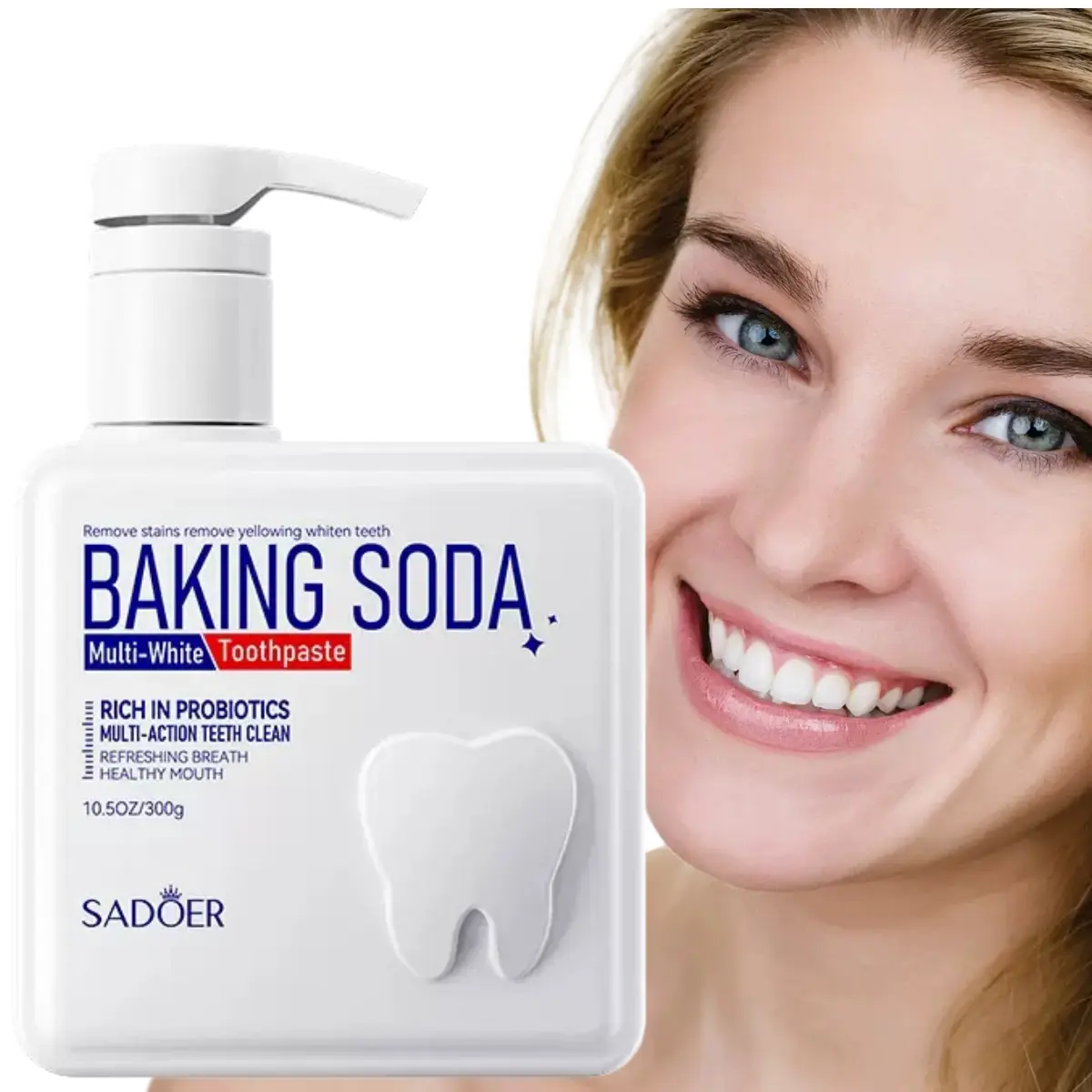 SADOER Large capacity 300g home dental implant, pump dispenser, probiotic containing baking soda dental implant, deep cleaning, basic cleaning, whitening and brightening, fresh breath, gifts for family and friends