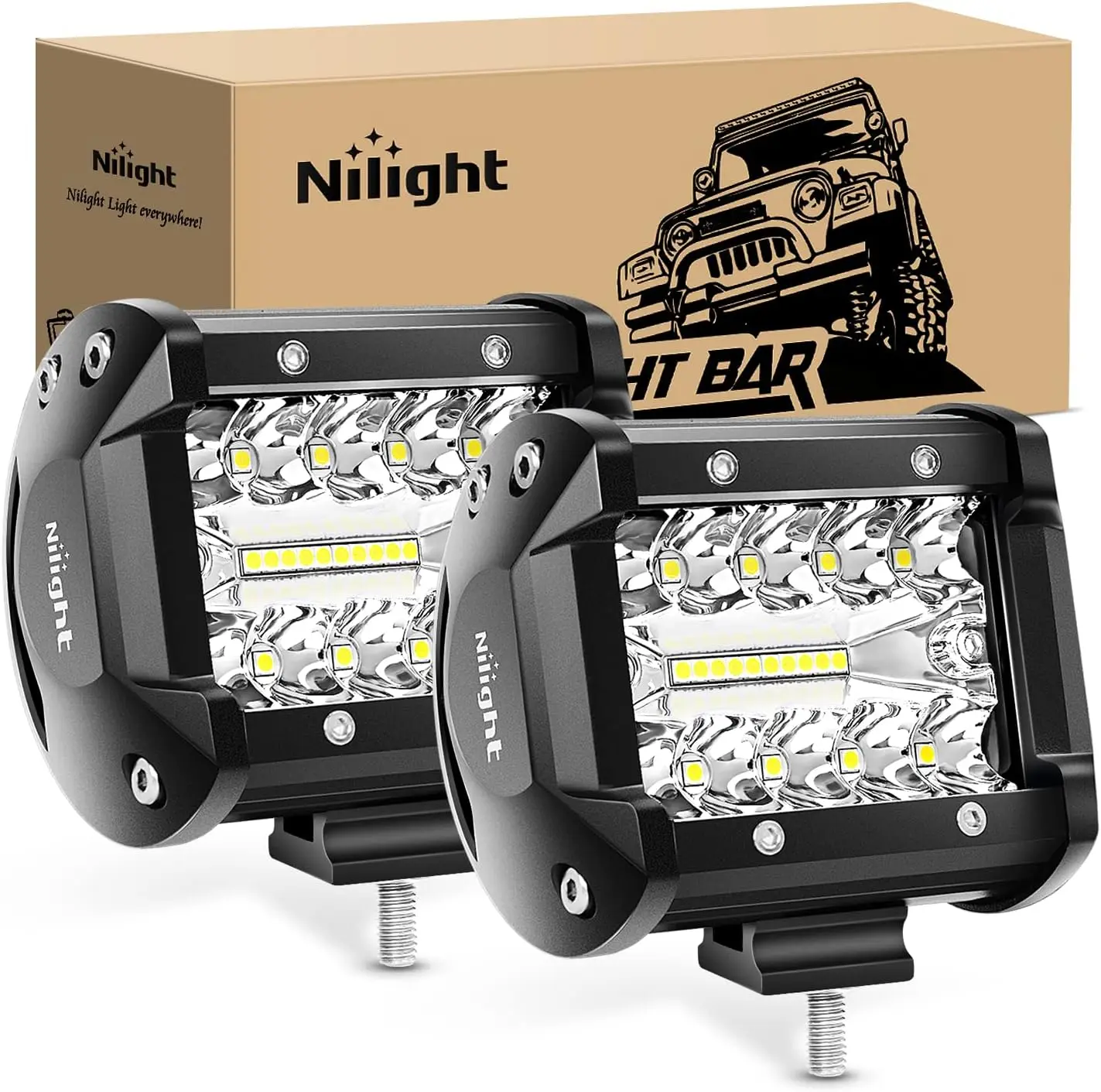 Nilight LED Work Light Bundle Set - 2PC 4In Aluminum 60W 6000LM Flood-Spot Combo, 2PC 6.5In 120W 12000LM Triple Row Light Bar Car, Off-Road Fixtures for Trucks