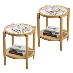 PieDle Furniture 2-Tier Natural End Table Set of 2,Boho Wood Round Side Tables with Glass Top and Wood Legs, Sofa Side Table Bedside Table for Living Room Bedroom Couch