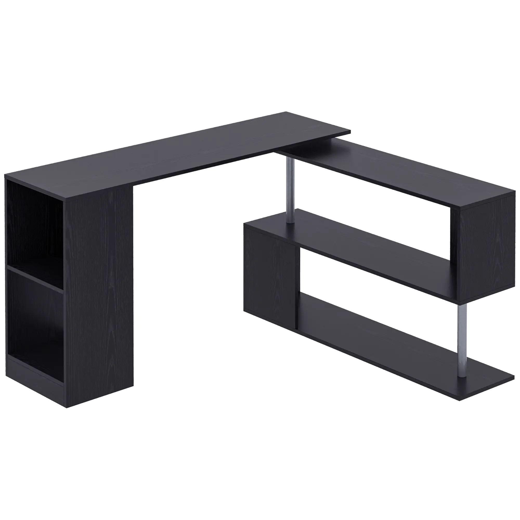 HOMCOM 55" 360° Rotating Corner Computer Desk Modern L-Shaped Home Office Workstation with 3-Tier Storage Shelves, Bookshelf